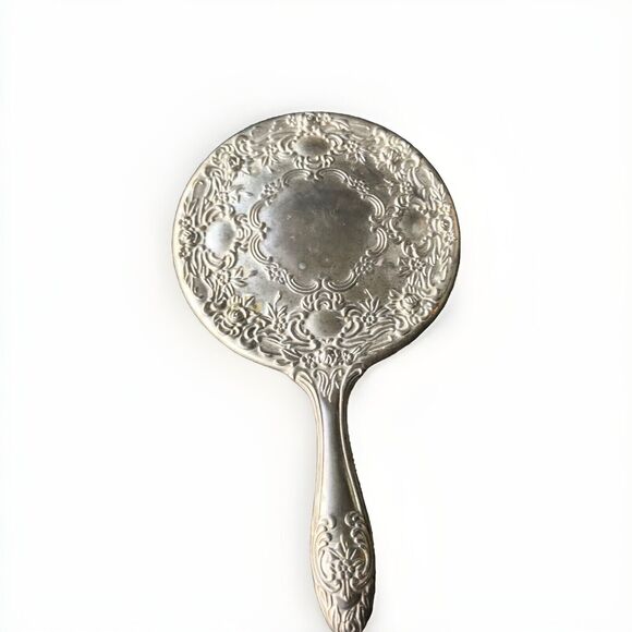 Silver Plated Hand Mirror Aged Patina Embossed Round Floral Design Vintage Heavy - Picture 3 of 3